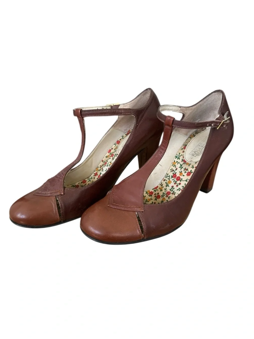 JEFFREY CAMPBELL Brown Leather T-Strap Heels Vintage-Inspired Mary Jane‎ Pumps 7